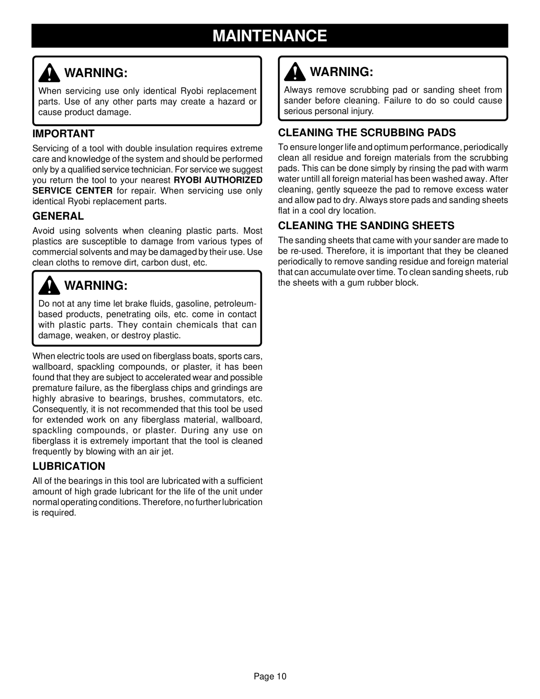 Ryobi CFS1500 specifications Maintenance, General, Lubrication, Cleaning the Scrubbing Pads, Cleaning the Sanding Sheets 