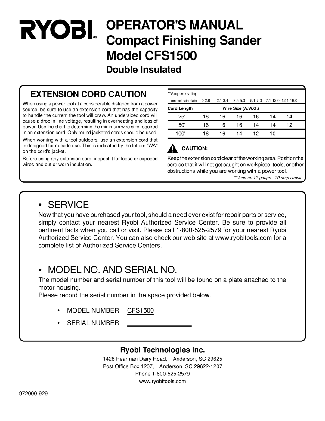 Ryobi CFS1500 specifications Operators Manual 