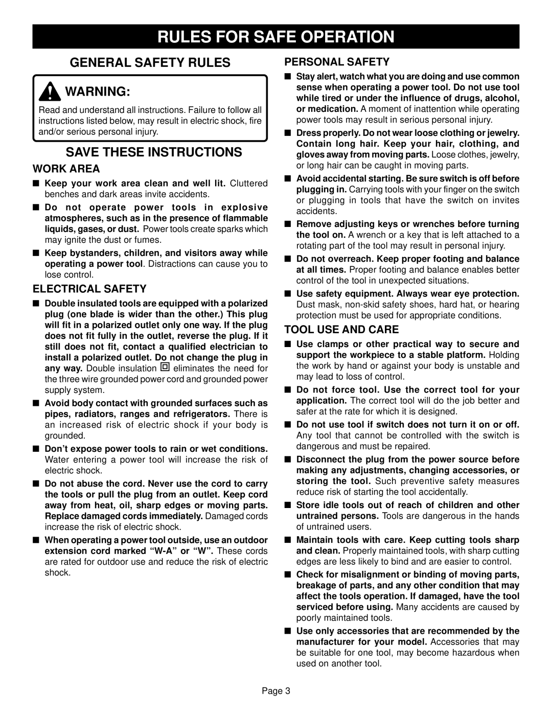 Ryobi CFS1500 specifications Rules for Safe Operation, General Safety Rules 