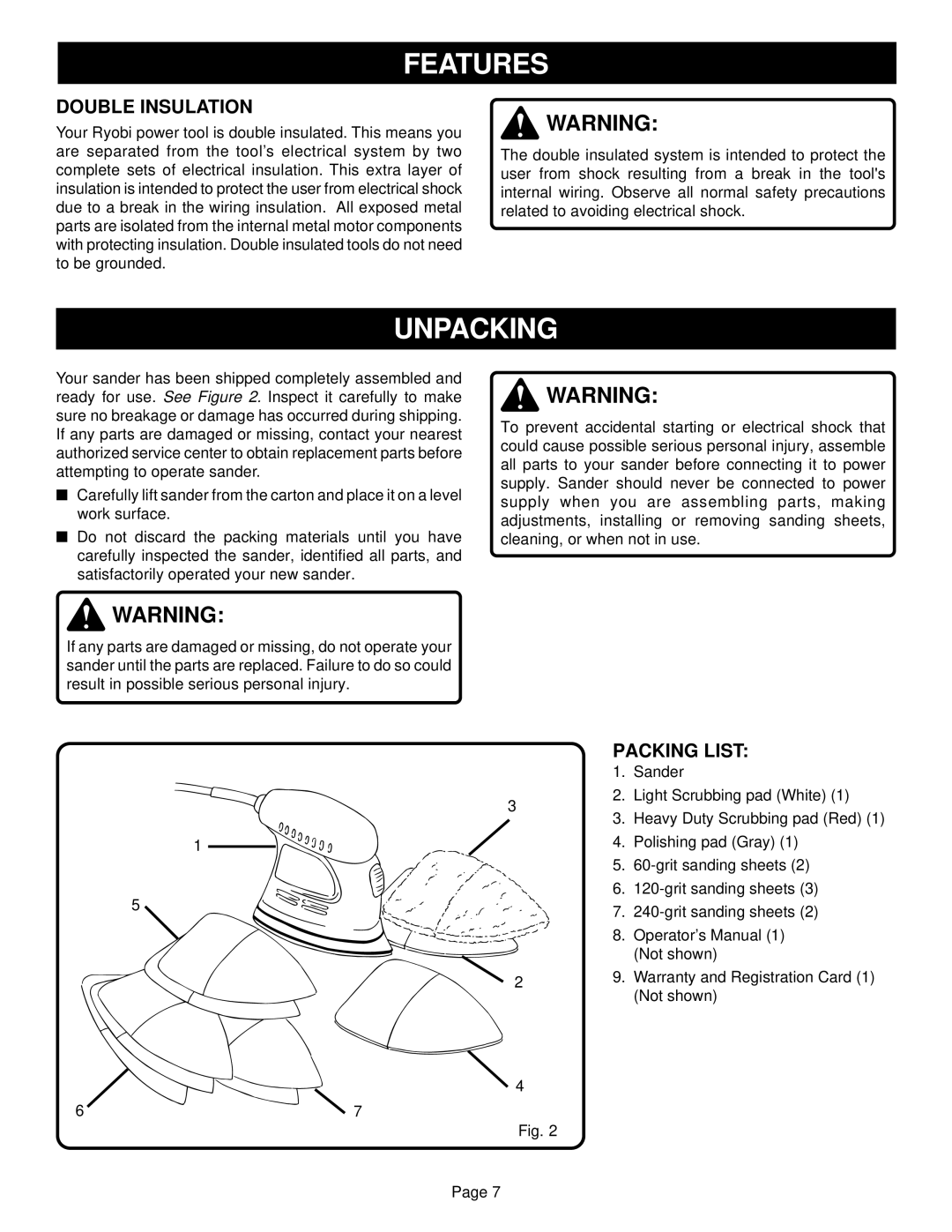 Ryobi CFS1500 specifications Unpacking, Double Insulation, Packing List 