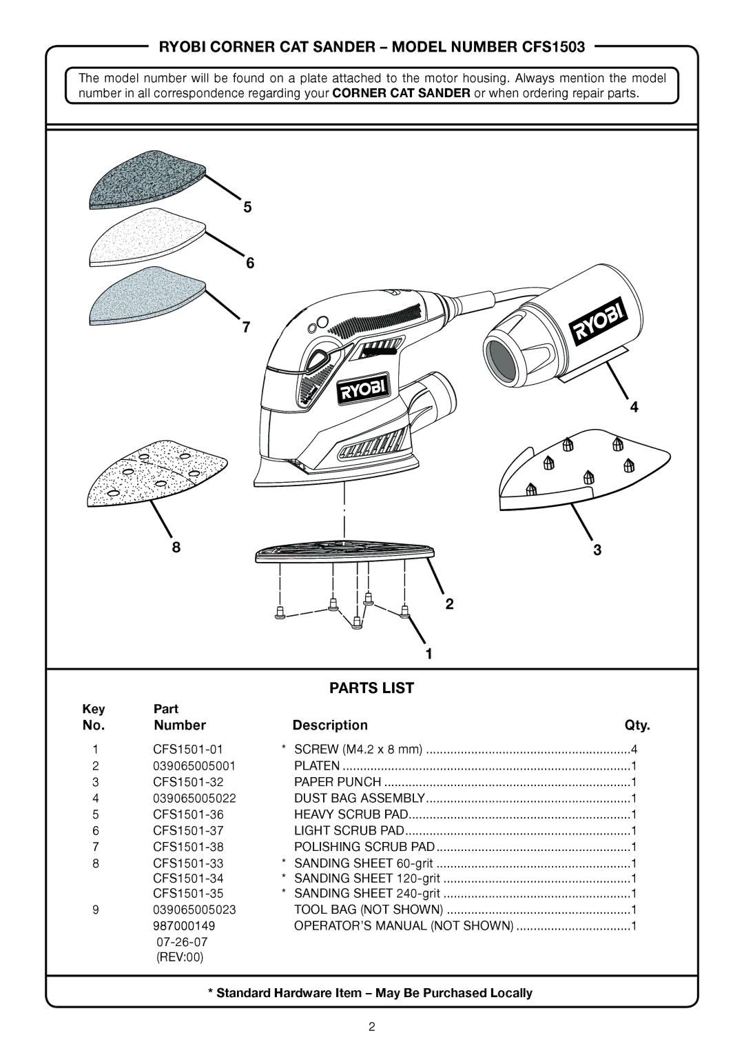 Ryobi CFS1501-34, CFS1501-38, CFS1501-36 Ryobi Corner CAT Sander Model Number CFS1503, Parts List, Number Description Qty 