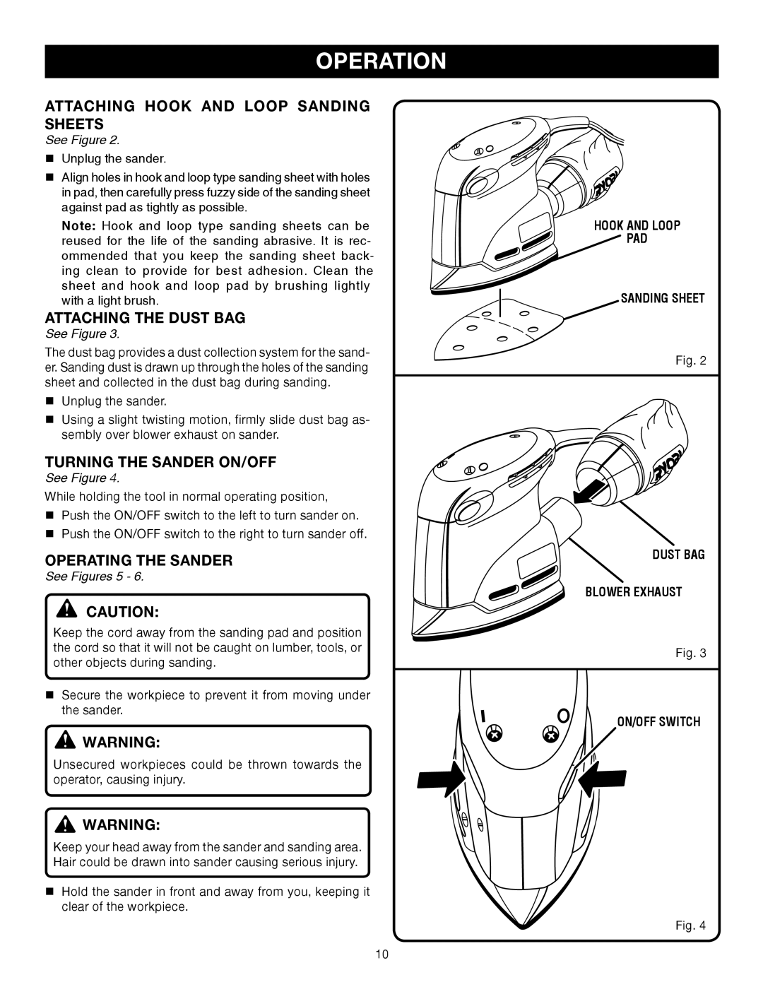 Ryobi CFS1502 manual Attaching Hook and Loop Sanding Sheets, Attaching the Dust BAG, Turning the Sander ON/OFF 