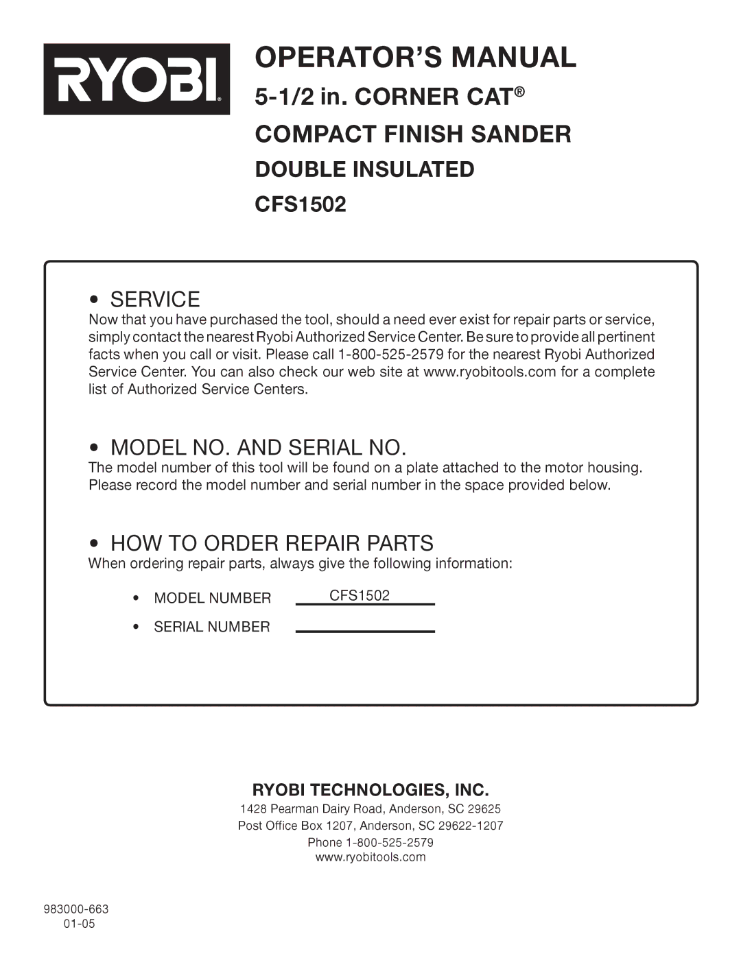 Ryobi CFS1502 manual Service Model NO. and Serial no 