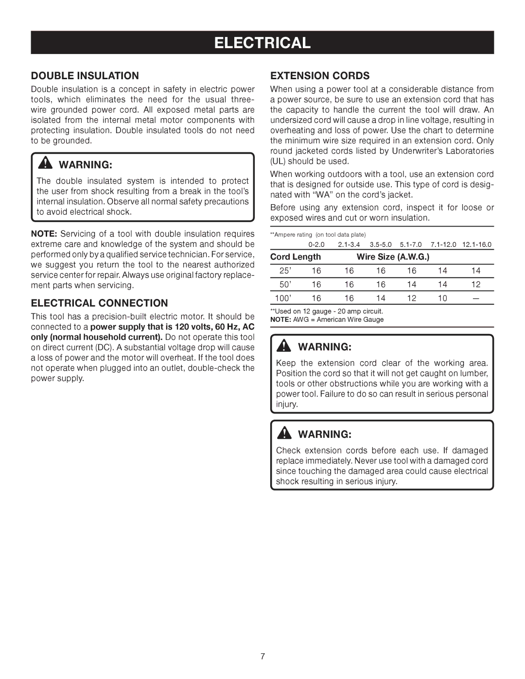 Ryobi CFS1502 manual Double Insulation, Electrical Connection, Extension Cords 