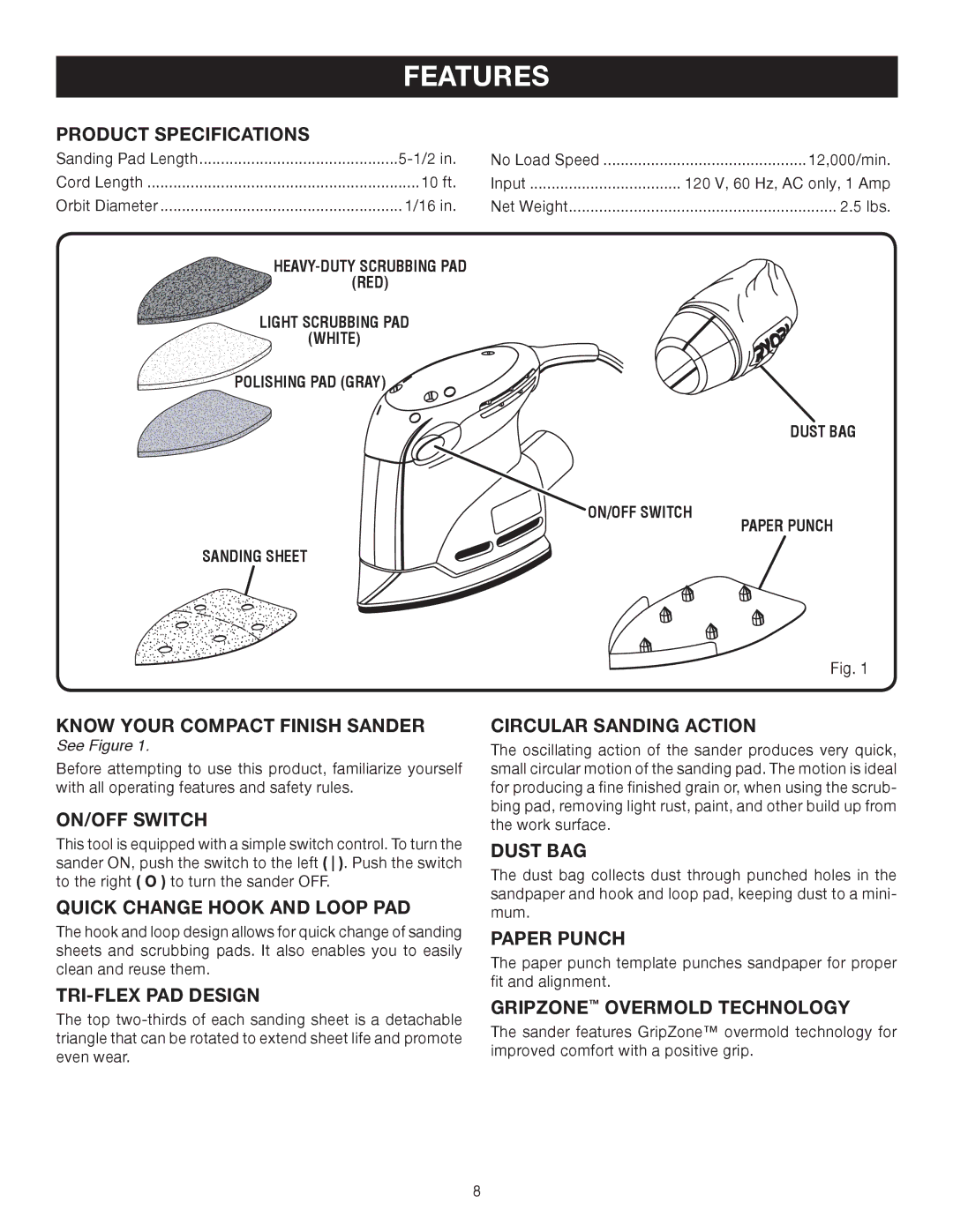 Ryobi CFS1502 manual Features 