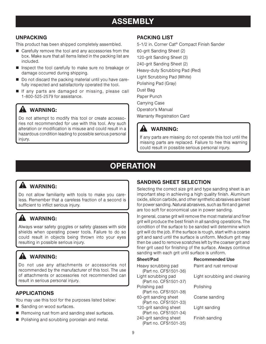 Ryobi CFS1502 manual Assembly, Operation 