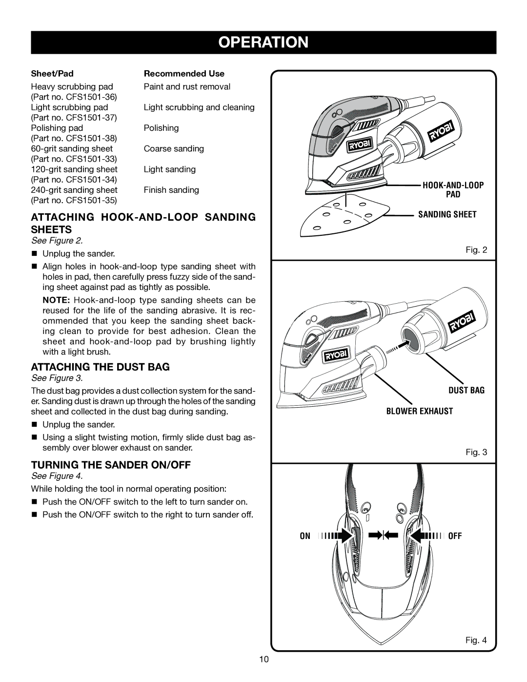 Ryobi CFS1503K manual Attaching Hook-and-loop Sanding Sheets, Attaching the Dust Bag, Turning the Sander On/Off 