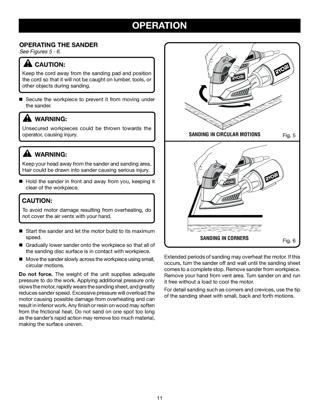 Ryobi CFS1503K manual Operating the Sander, Sanding in circular motions, Sanding in corners 