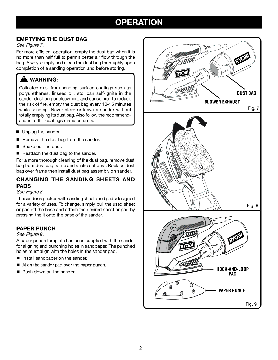 Ryobi CFS1503K manual Emptying the Dust Bag, Changing the sanding sheets and pads 