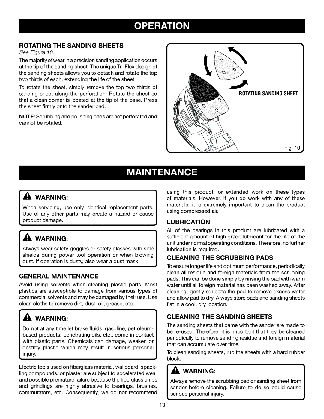 Ryobi CFS1503K manual General Maintenance, Lubrication, Cleaning the Scrubbing Pads 