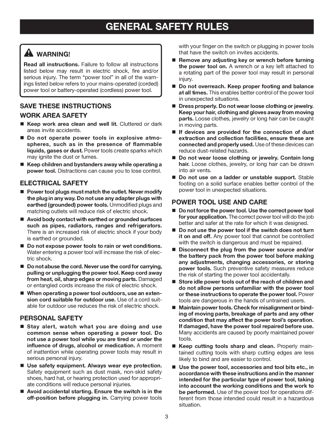 Ryobi CFS1503K manual General Safety Rules, Work Area Safety, Electrical Safety, Personal Safety, Power Tool USE and Care 