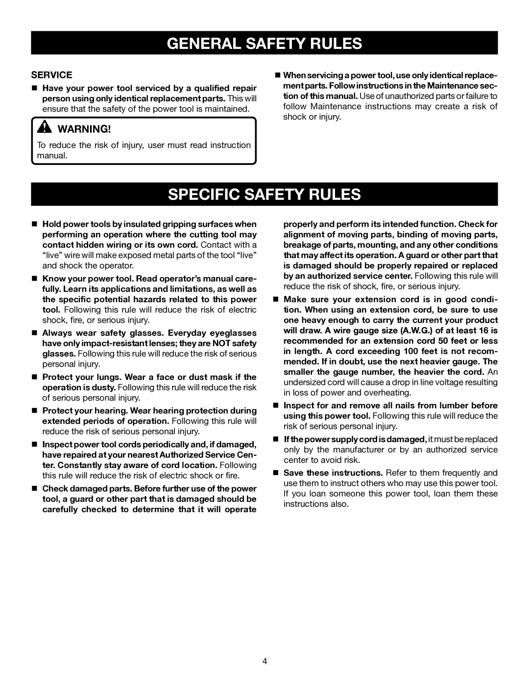 Ryobi CFS1503K manual Specific Safety Rules, Service 