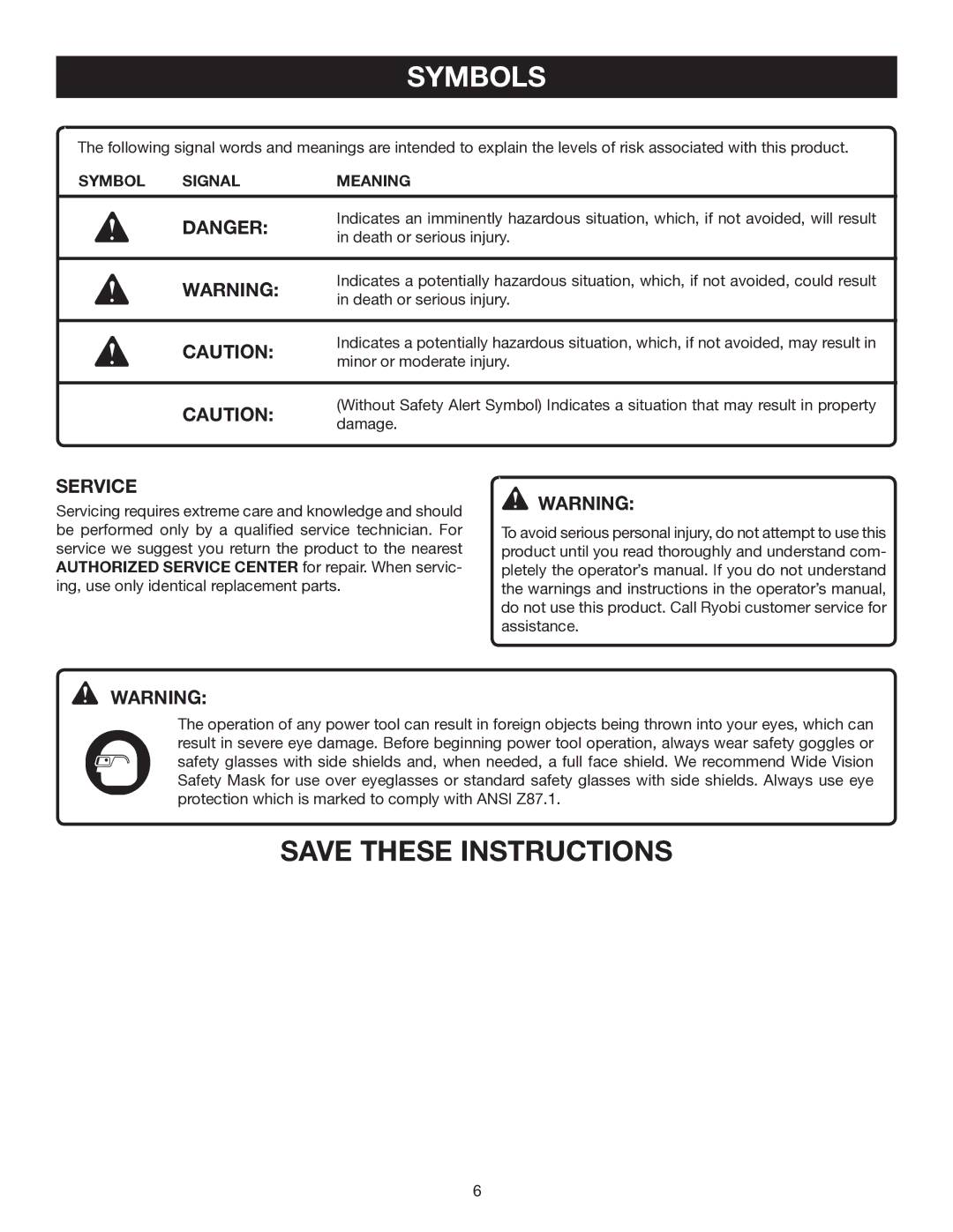 Ryobi CFS1503K manual Service, Symbol Signal Meaning 