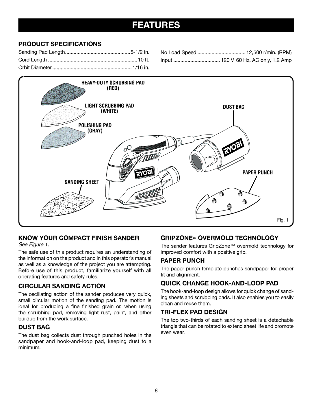 Ryobi CFS1503K manual Features, Product Specifications, Dust BAG, Paper Punch 