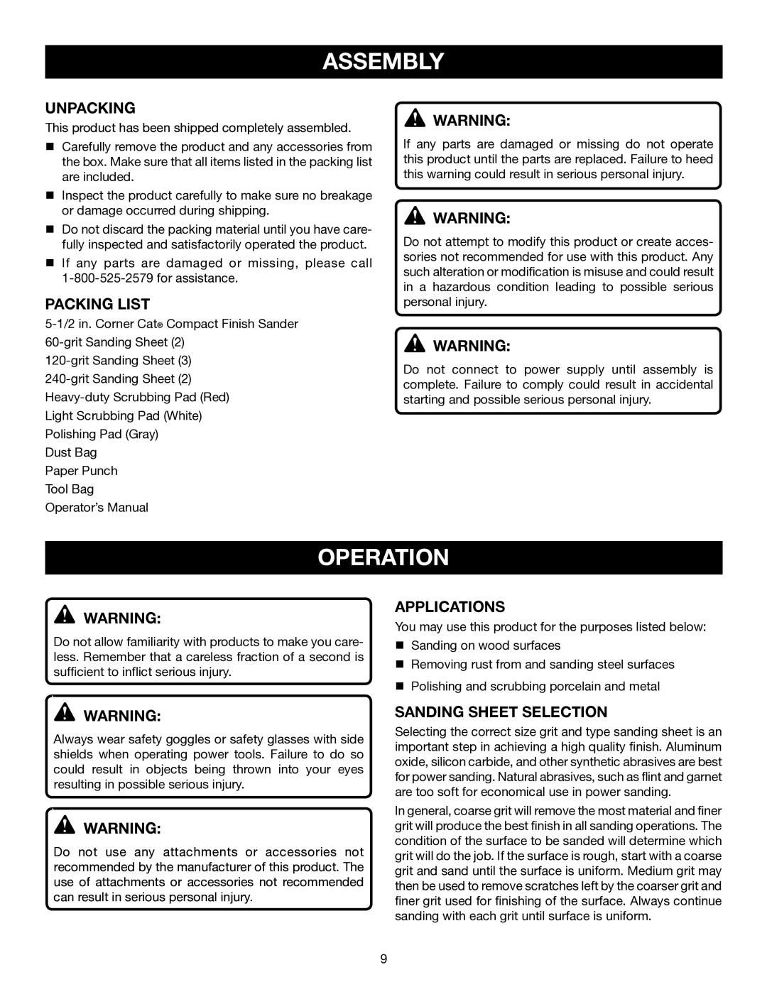 Ryobi CFS1503K manual Assembly, Operation, Unpacking, Packing List, Applications 