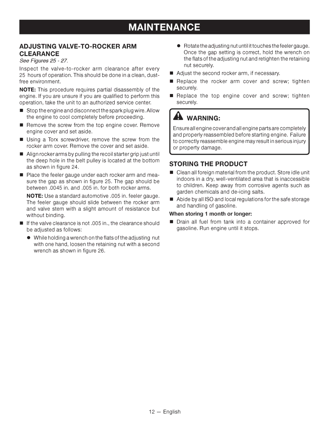 Ryobi CS -- RY34420 Adjusting valve-to-rocker arm clearance­, Storing the Product, When storing 1 month or longer 