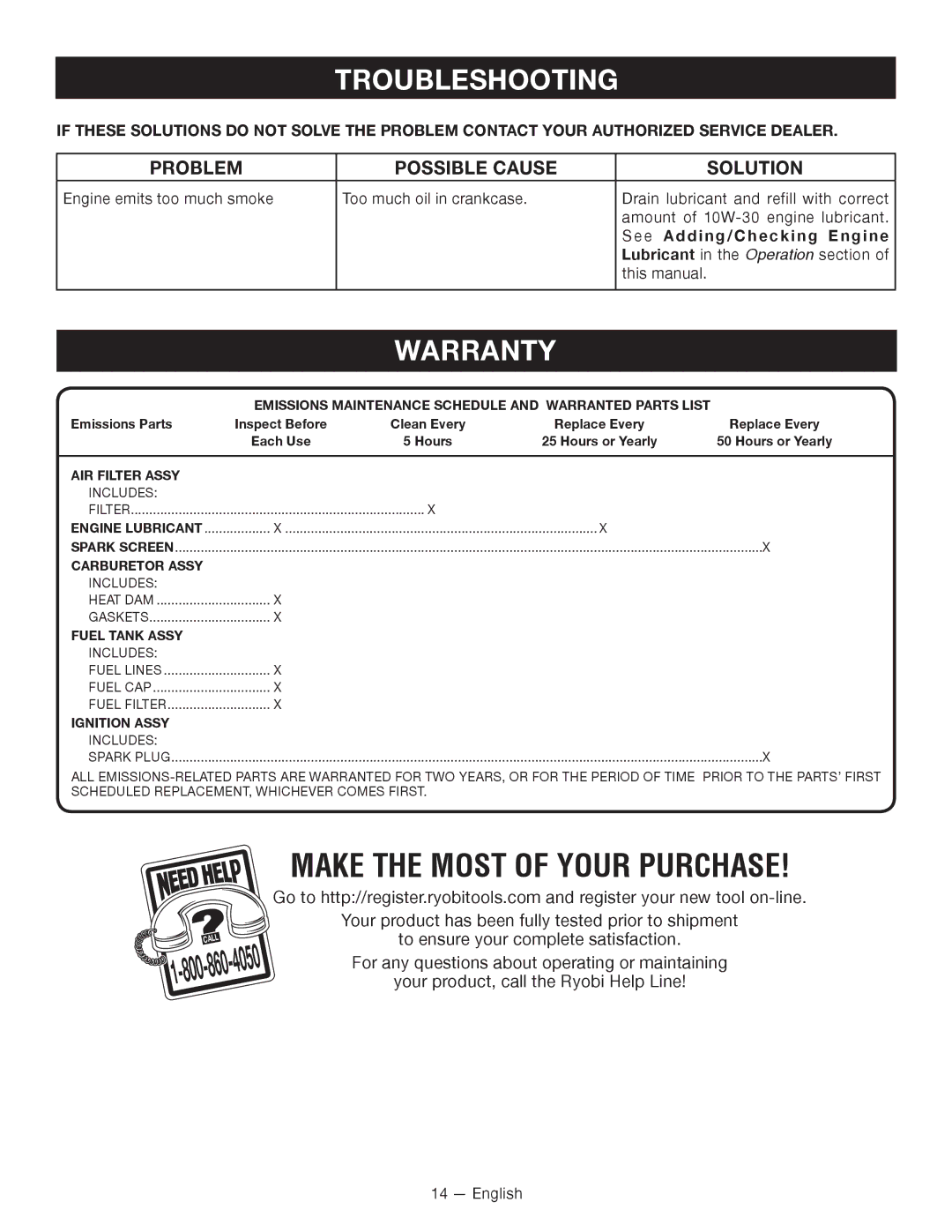 Ryobi CS -- RY34420, SS -- RY34440 manuel dutilisation Warranty, See Adding/Checking Engine, 4050 