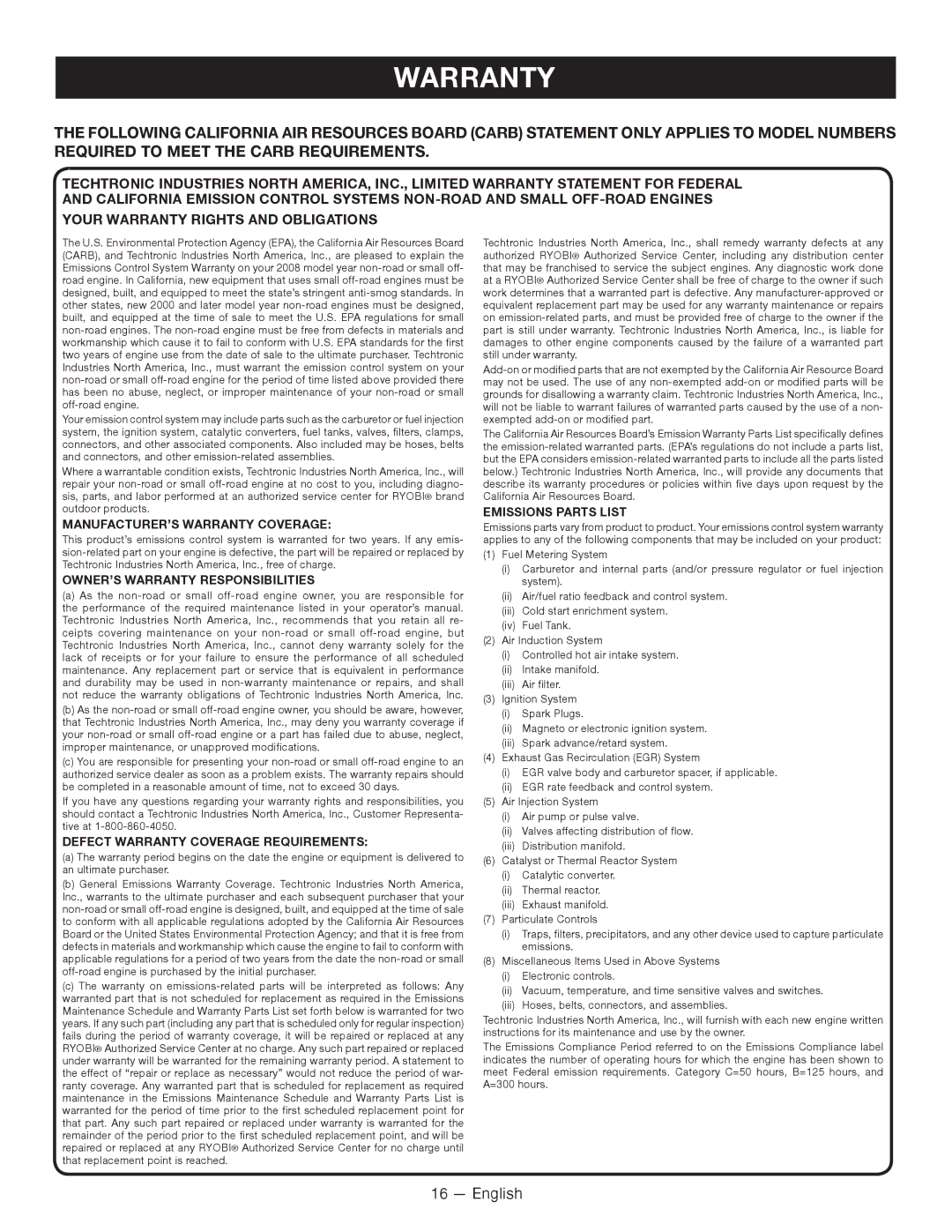 Ryobi CS -- RY34420, SS -- RY34440 manuel dutilisation MANUFACTURER’S Warranty Coverage 