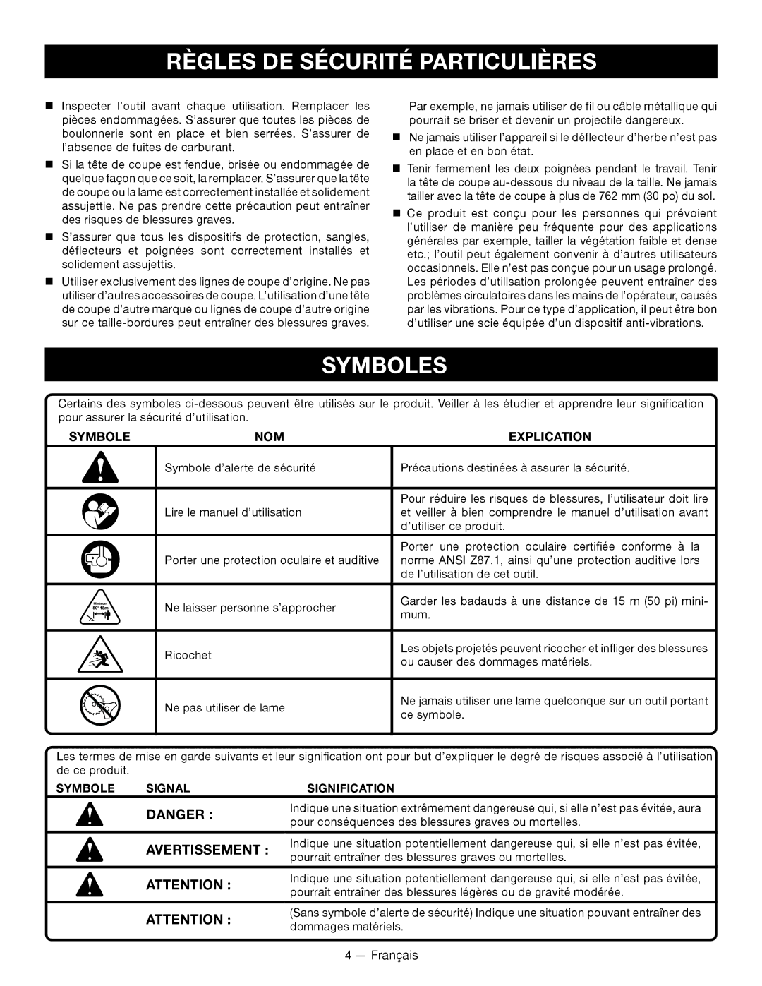 Ryobi SS -- RY34440, CS -- RY34420 manuel dutilisation Règles DE Sécurité Particulières, Symboles, Symbole Nom 