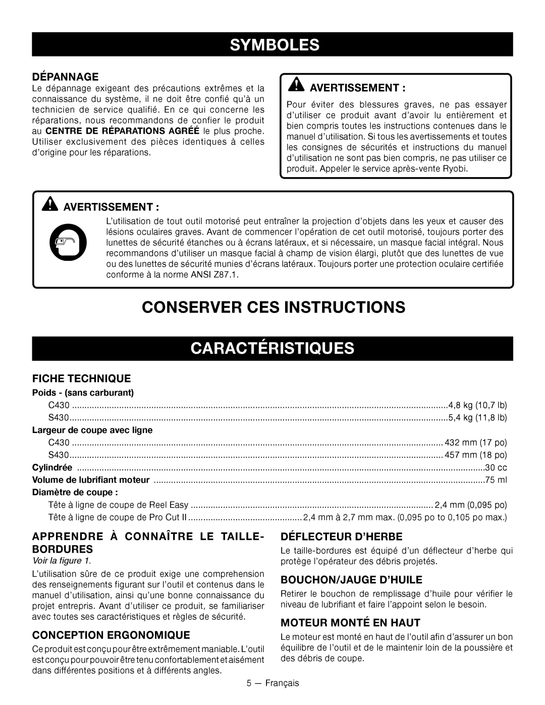 Ryobi CS -- RY34420, SS -- RY34440 manuel dutilisation Caractéristiques 