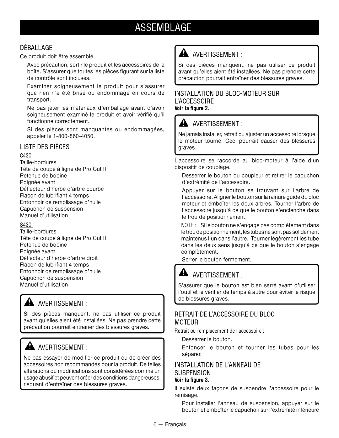 Ryobi SS -- RY34440, CS -- RY34420 Déballage, Installation DU BLOC-MOTEUR SUR L’ACCESSOIRE, Avertissement 