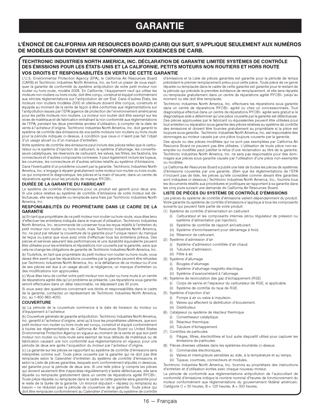 Ryobi SS -- RY34440, CS -- RY34420 manuel dutilisation Responsabilités DU Propriétaire Dans LE Cadre DE LA Garantie 