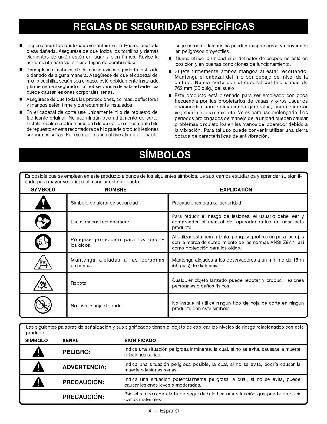 Ryobi CS -- RY34420, SS -- RY34440 manuel dutilisation Reglas DE Seguridad Específicas, Símbolos 