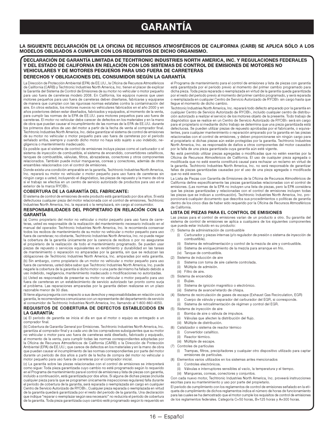 Ryobi CS -- RY34420, SS -- RY34440 manuel dutilisation Cobertura DE LA Garantía DEL Fabricante 