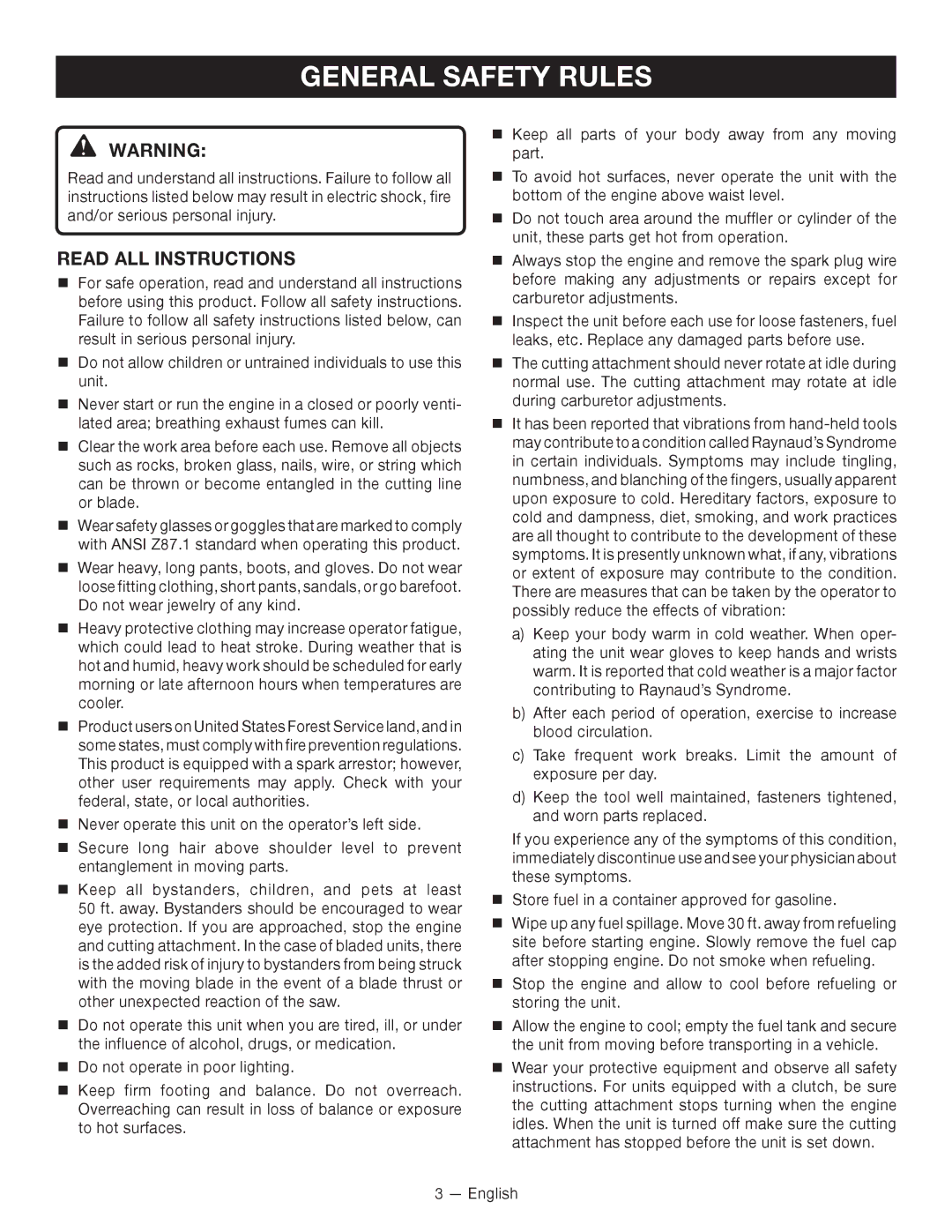 Ryobi SS -- RY34440, CS -- RY34420 manuel dutilisation General Safety Rules, Read all instructions 