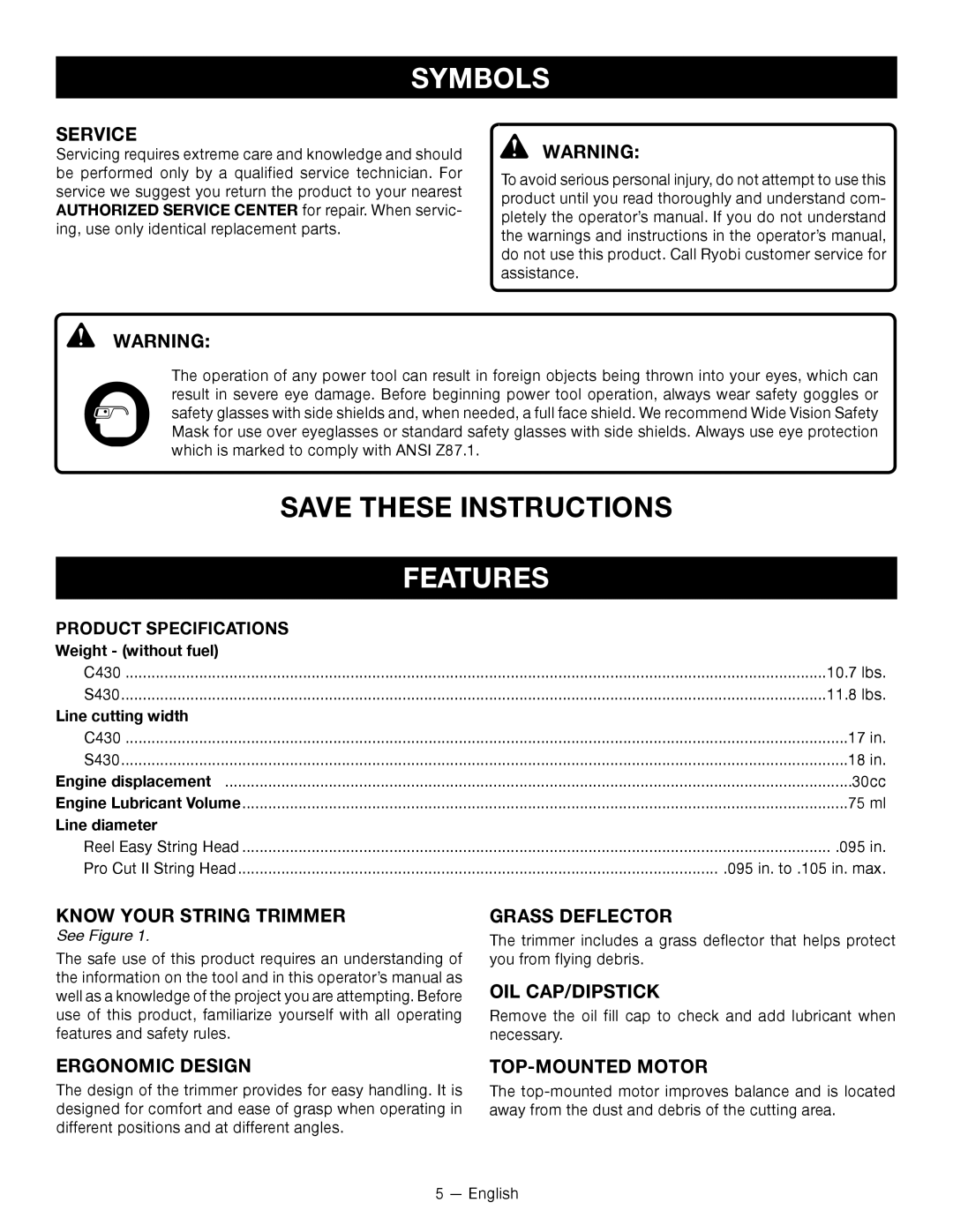 Ryobi SS -- RY34440, CS -- RY34420 manuel dutilisation Features 