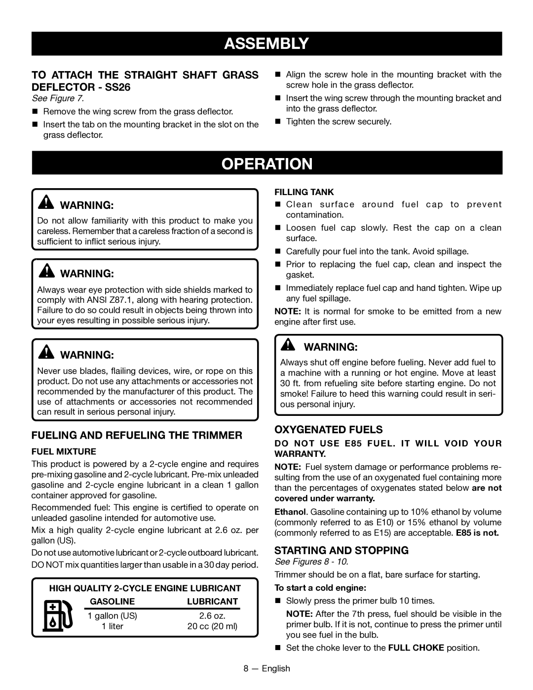 Ryobi CS26 RY28020 Operation, To Attach the Straight Shaft Grass Deflector SS26, Fueling and Refueling the Trimmer 