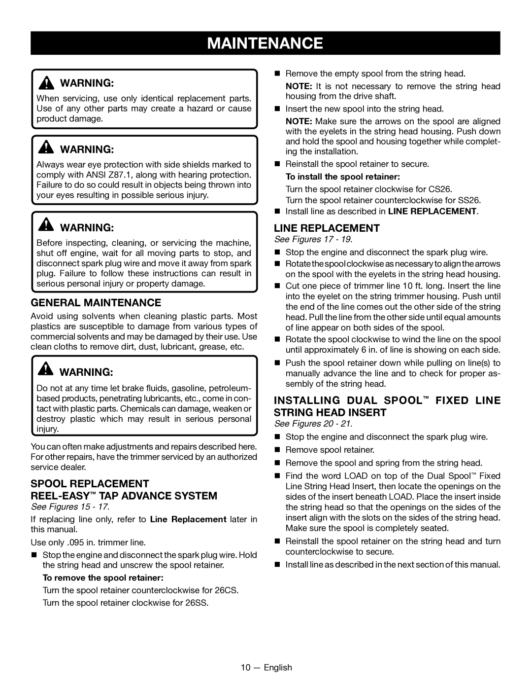 Ryobi CS26 RY28020, SS26 RY28040 General Maintenance, Spool Replacement REEL-EASYTAP ­ADVANCE System, Line Replacement 