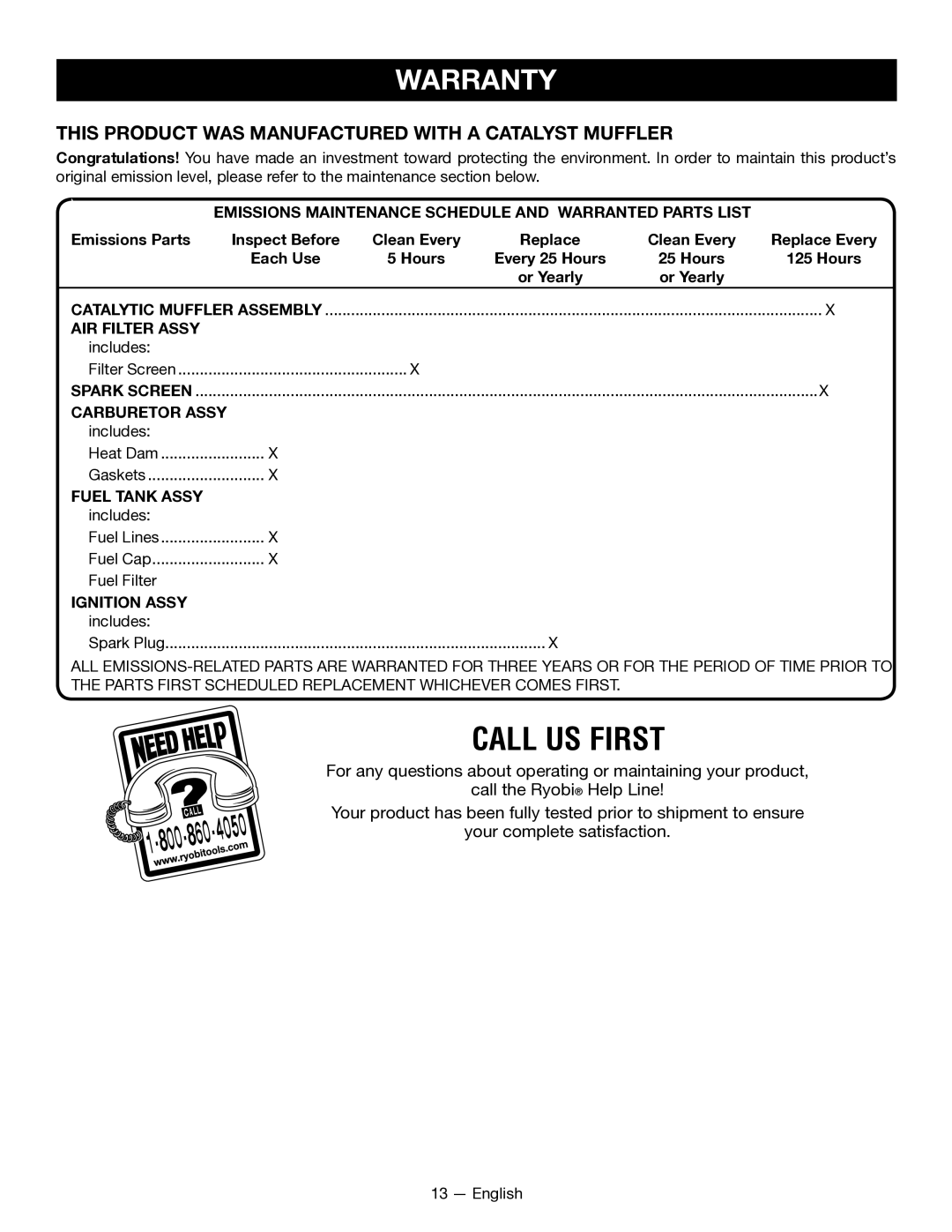 Ryobi SS26 RY28040, CS26 RY28020 manuel dutilisation Warranty, This Product WAS Manufactured with a Catalyst Muffler 