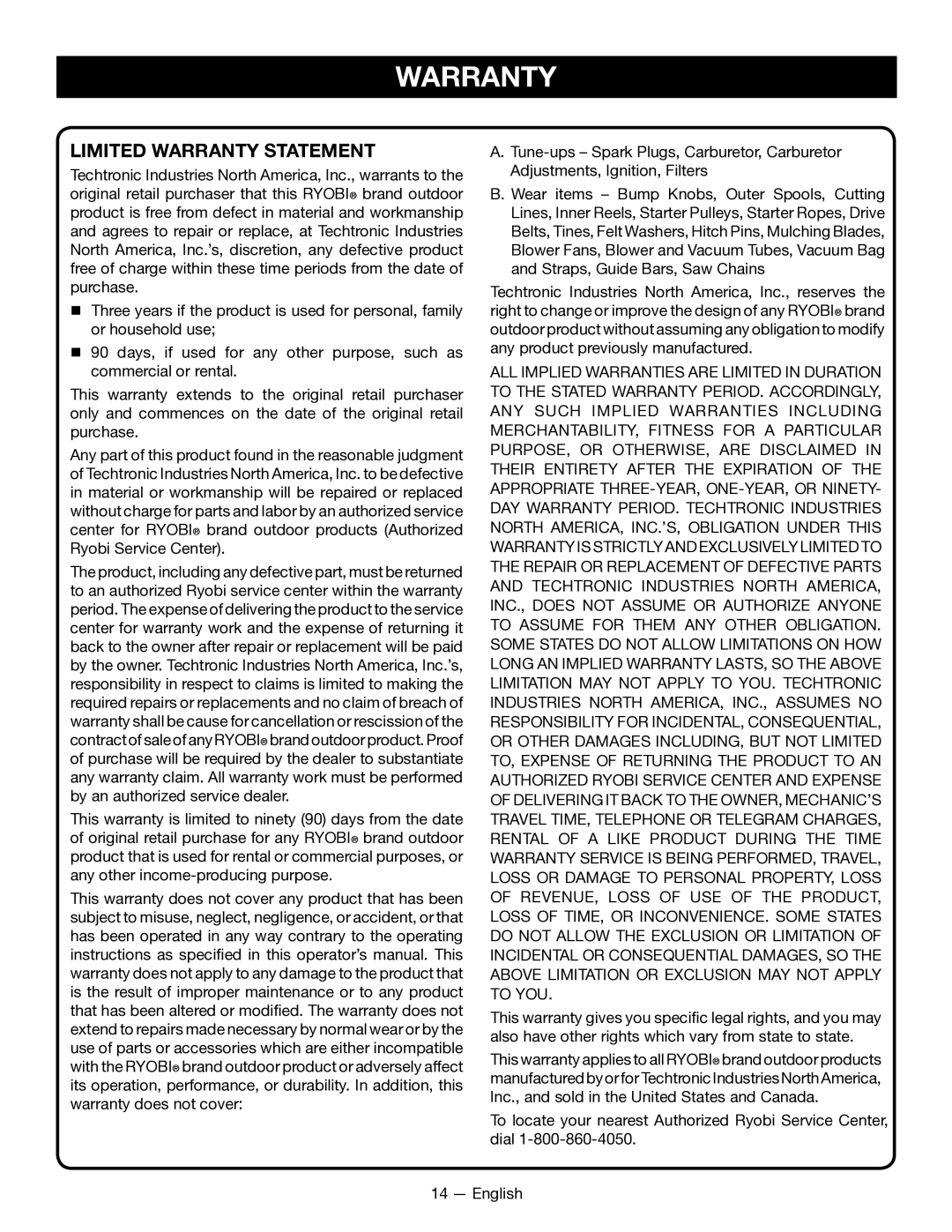 Ryobi CS26 RY28020, SS26 RY28040 manuel dutilisation Limited Warranty Statement 