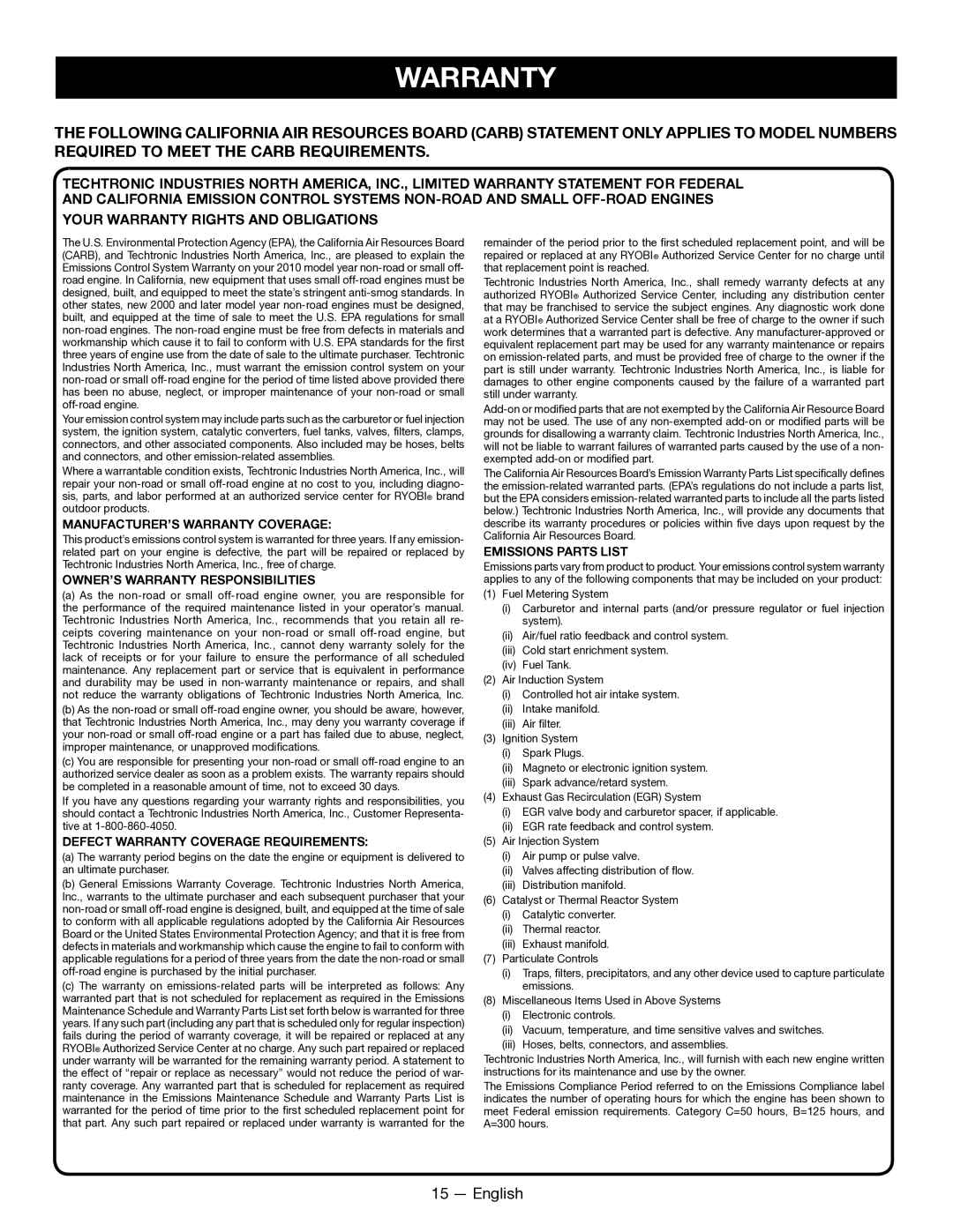 Ryobi SS26 RY28040, CS26 RY28020 manuel dutilisation MANUFACTURER’S Warranty Coverage 