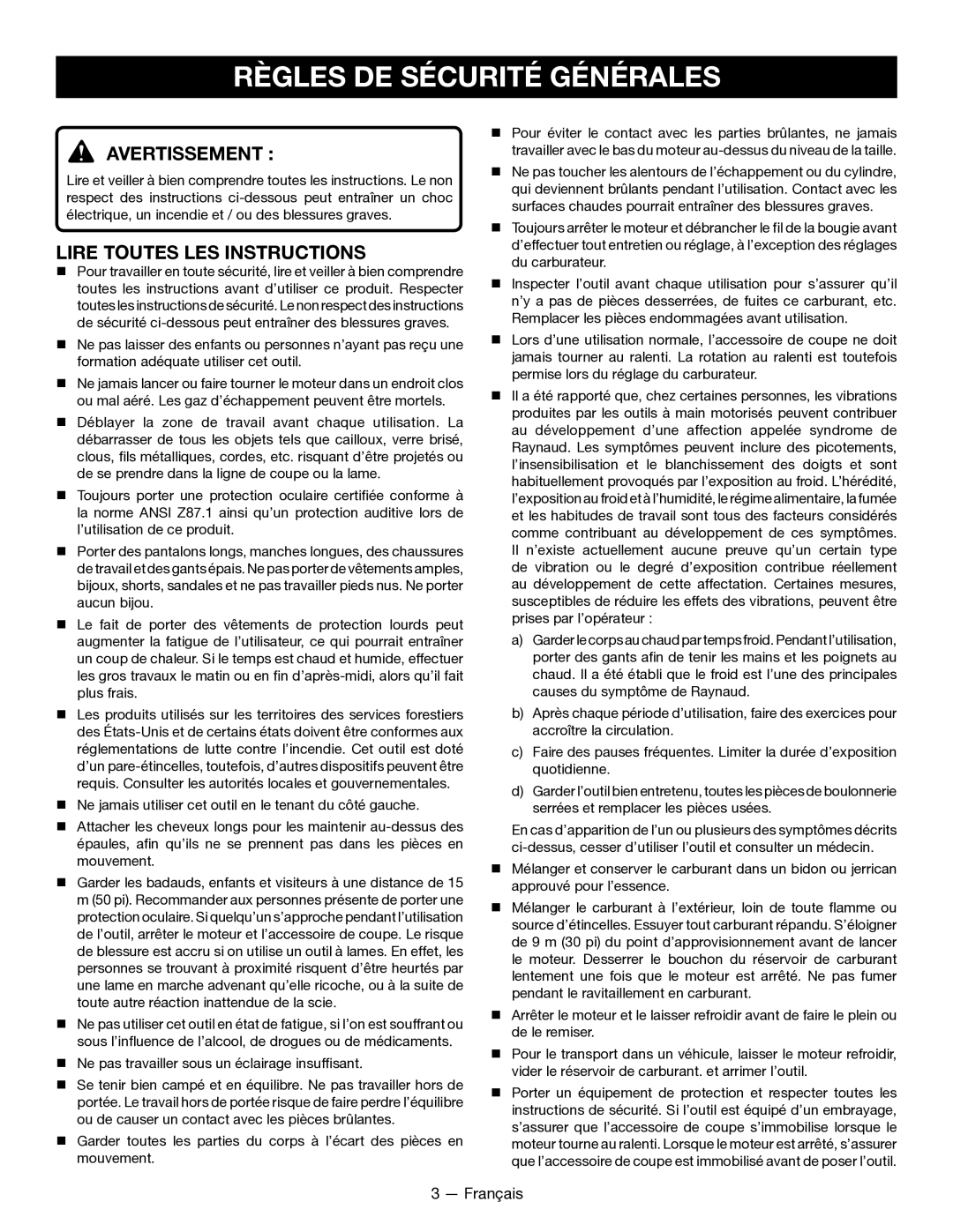 Ryobi CS26 RY28020, SS26 RY28040 Règles DE Sécurité Générales, Avertissement, Lire Toutes LES Instructions 