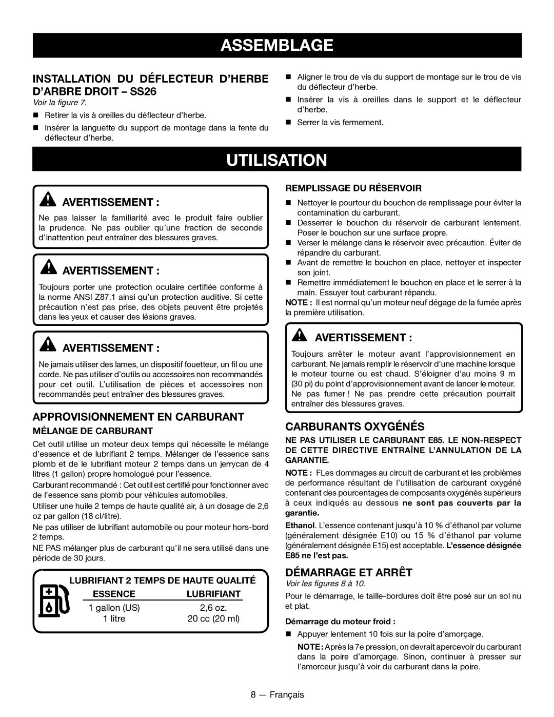 Ryobi SS26 RY28040 Utilisation, Installation DU Déflecteur D’HERBE D’ARBRE Droit SS26, Approvisionnement EN Carburant 