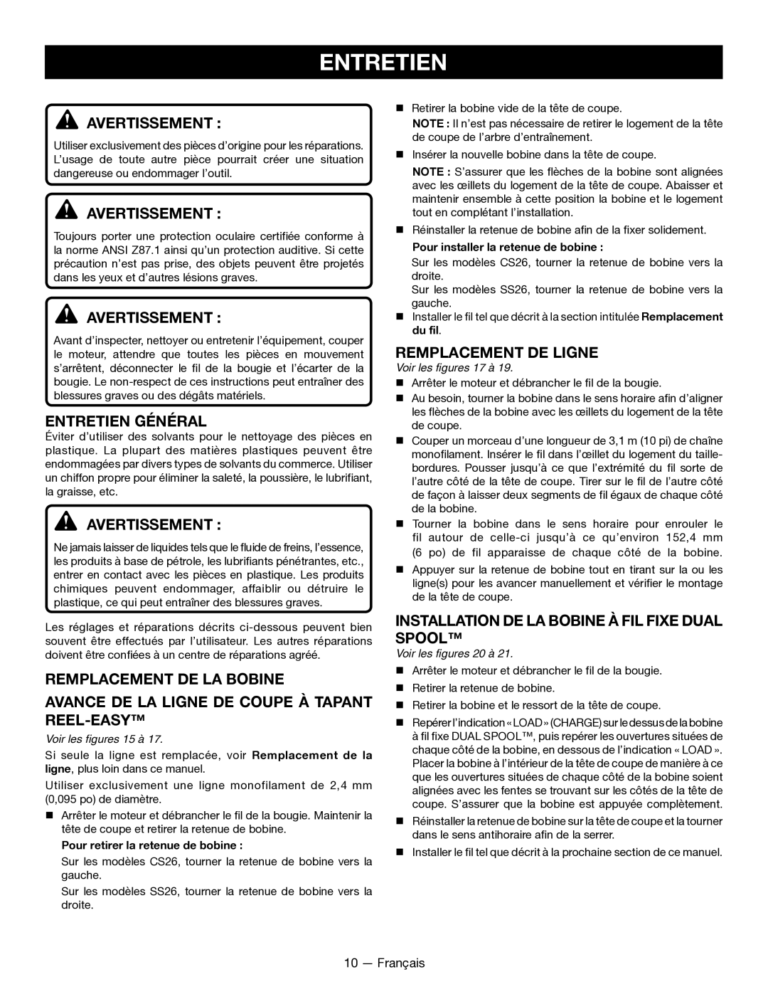 Ryobi SS26 RY28040 Entretien Général, Remplacement DE Ligne, Installation DE LA Bobine À FIL Fixe Dual Spool 