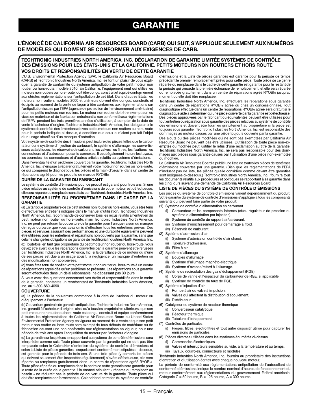 Ryobi CS26 RY28020, SS26 RY28040 manuel dutilisation Responsabilités DU Propriétaire Dans LE Cadre DE LA Garantie 