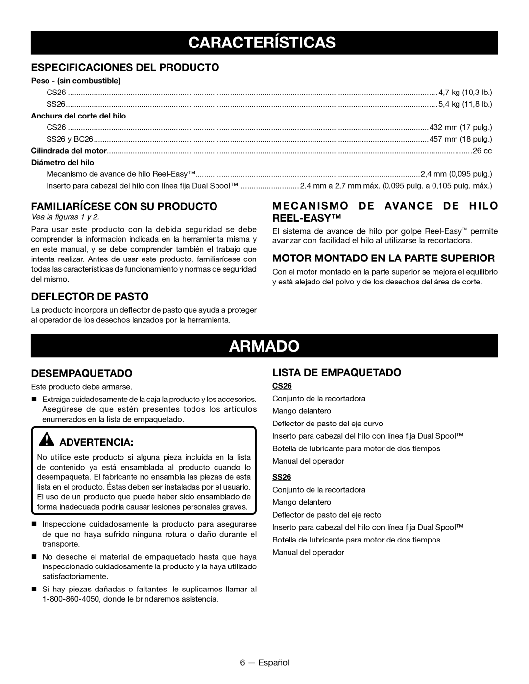 Ryobi CS26 RY28020, SS26 RY28040 manuel dutilisation Características, Armado 