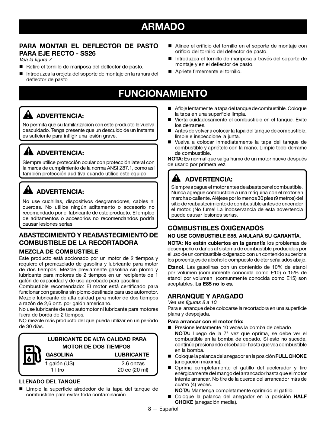 Ryobi CS26 RY28020 Funcionamiento, Para Montar EL Deflector DE Pasto Para EJE Recto SS26, Combustibles Oxigenados 