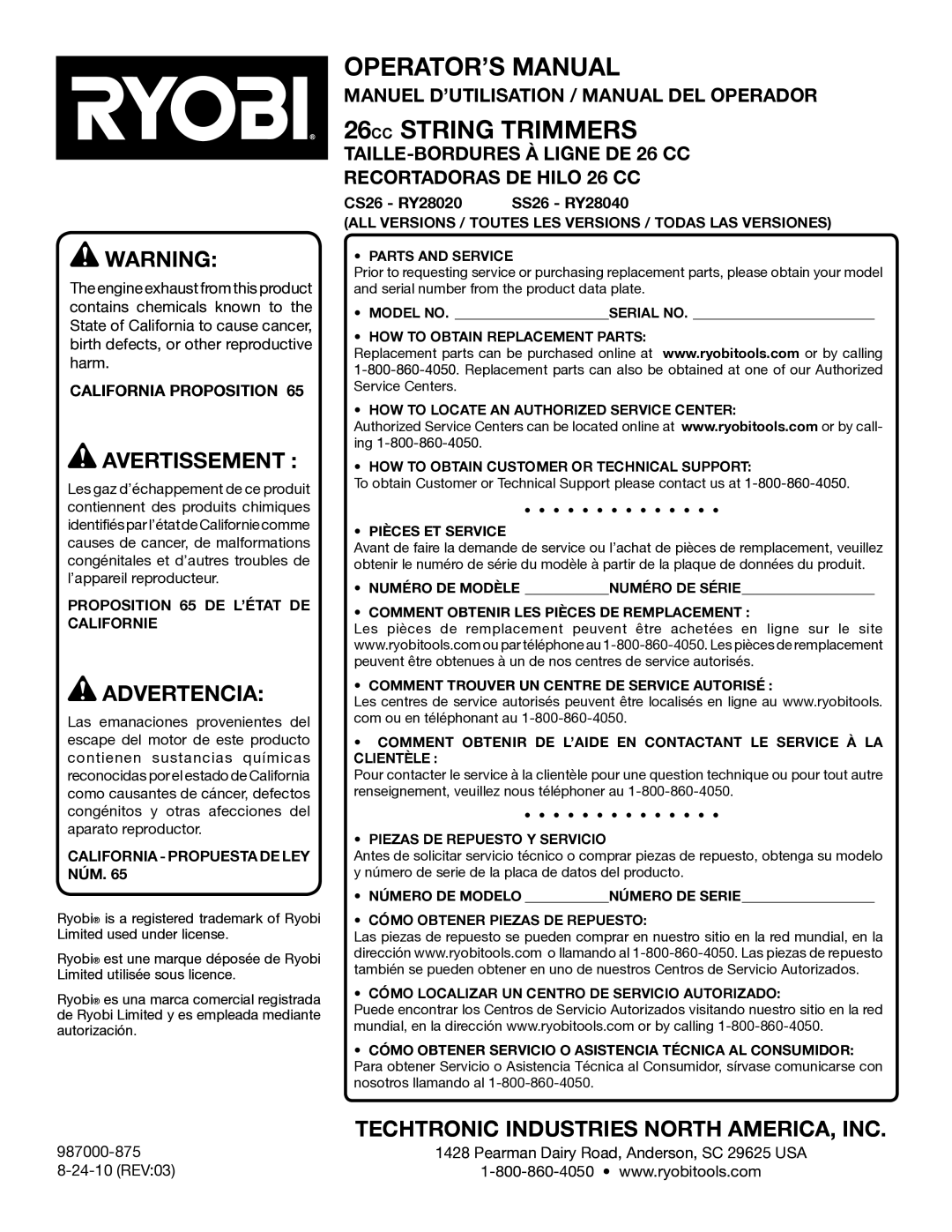 Ryobi CS26 RY28020 Manuel D’UTILISATION / Manual DEL Operador, California Proposition, California Propuesta DE LEY NÚM 