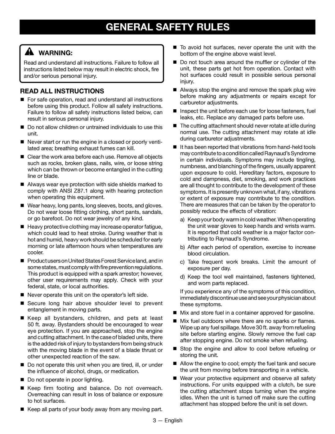 Ryobi SS26 RY28040, CS26 RY28020 manuel dutilisation General Safety Rules, Read ALL Instructions 