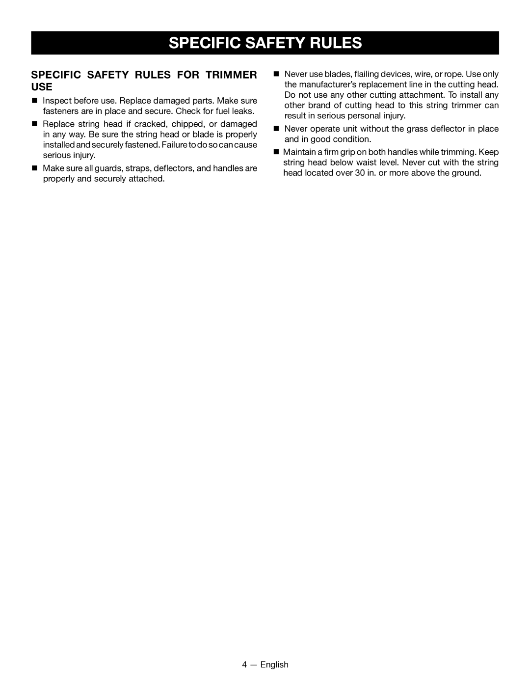 Ryobi CS26 RY28020, SS26 RY28040 manuel dutilisation Specific Safety Rules for Trimmer USE 