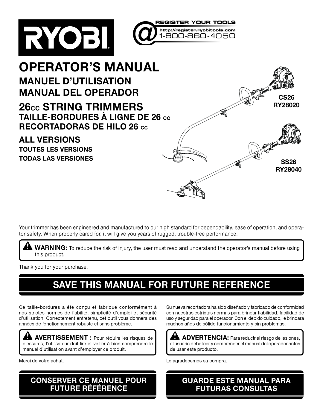 Ryobi SS26 RY28040 manuel dutilisation 26CC STRING TRIMMERS, Save This Manual For Future Reference, All Versions 