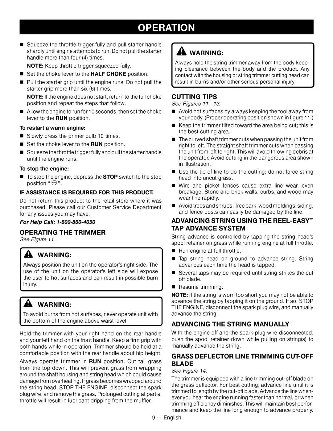 Ryobi CS26 manuel dutilisation Operating the Trimmer, Cutting Tips, Advancing String Using the REEL-EASYTAP Advance System 