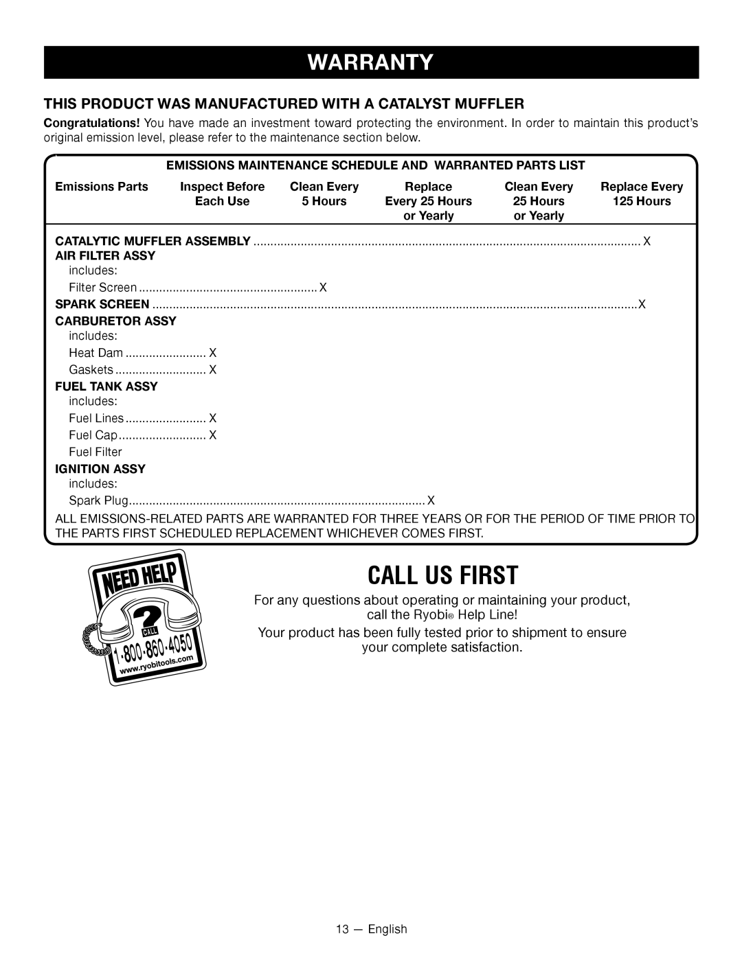 Ryobi CS26 manuel dutilisation Warranty, This Product WAS Manufactured with a Catalyst Muffler 