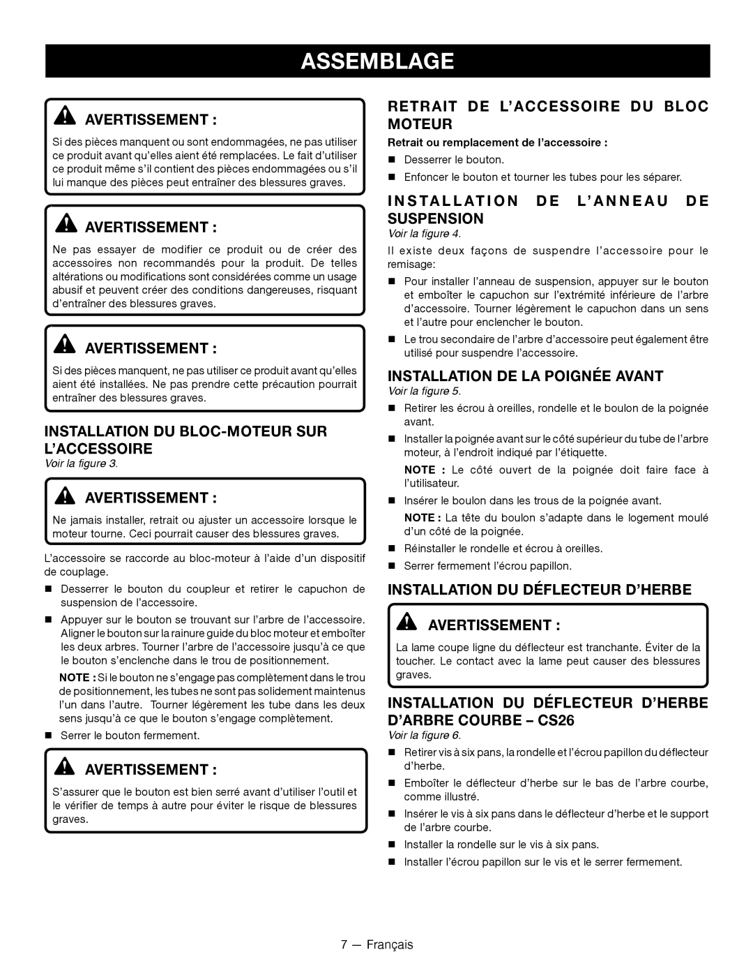 Ryobi CS26 manuel dutilisation Installation DU BLOC-MOTEUR SUR L’ACCESSOIRE, Retrait DE L’ACCESSOIRE DU Bloc Moteur 