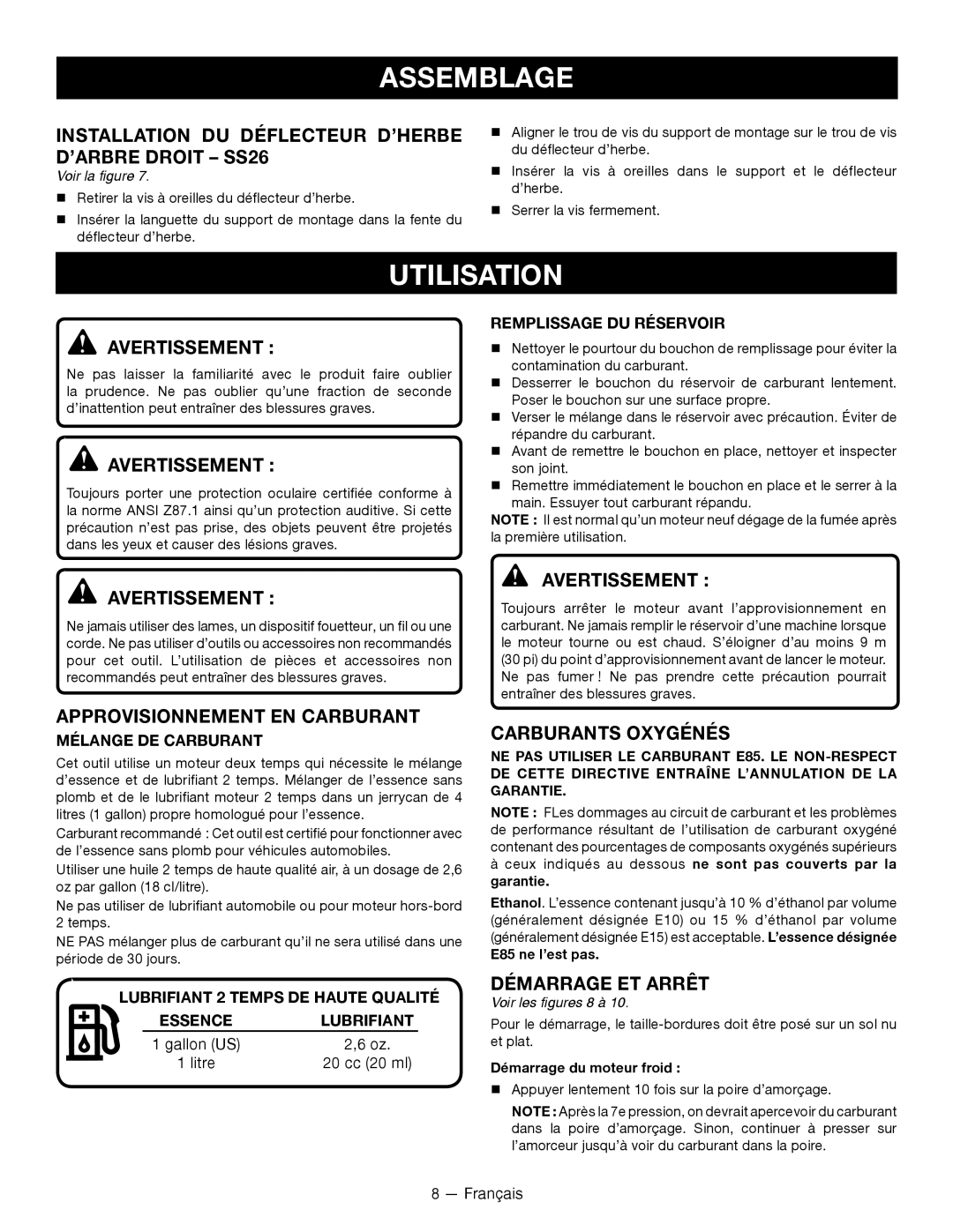 Ryobi CS26 Utilisation, Installation DU Déflecteur D’HERBE D’ARBRE Droit SS26, Approvisionnement EN Carburant 