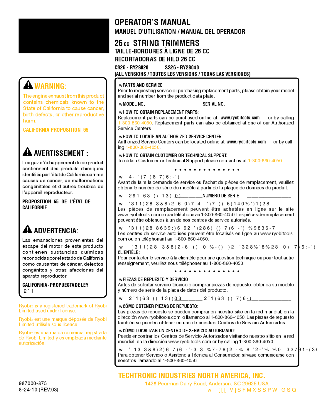 Ryobi CS26 Manuel D’UTILISATION / Manual DEL Operador, California Proposition, Proposition 65 DE L’ÉTAT DE Californie 